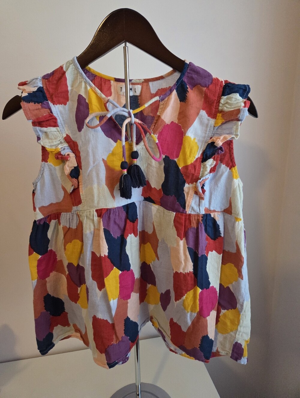 THML Multicolor Paint-Splash Tassel Tie Ruffle Sleeve Top